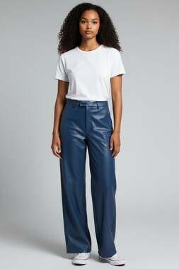 Boueymason Navy Blue Faux Leather High-Waist Straight Leg Pants